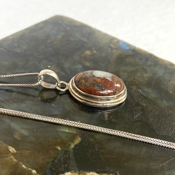 Sterling Silver 925 Oval Bezel Set Brecciated Jasper Pendant Necklace 18.5" - Picture 6 of 16